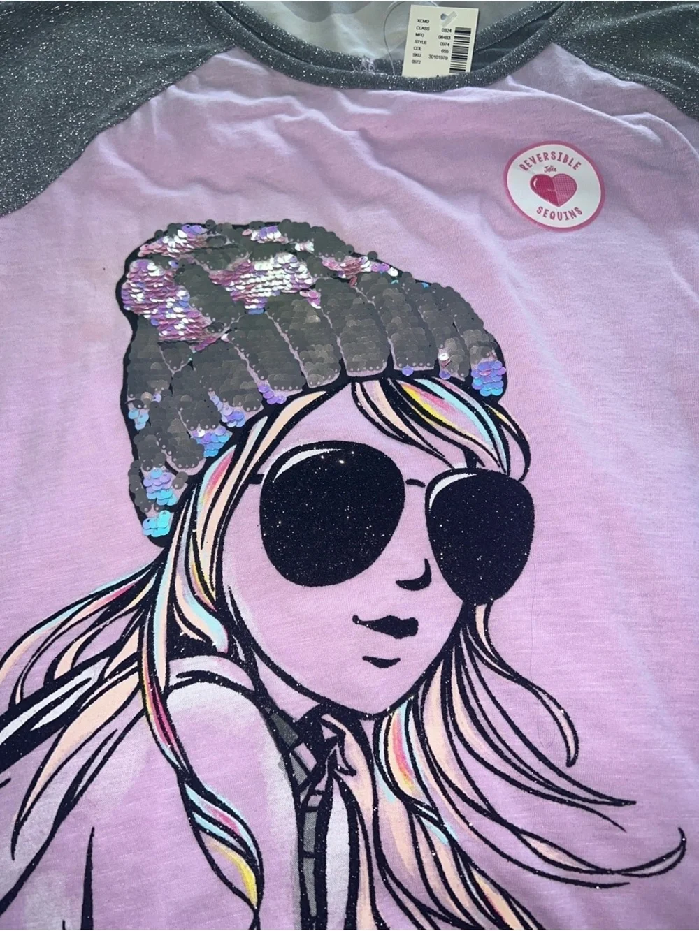 Justice Graphic Long Sleeve Top with Shimmery Gray Sleeves